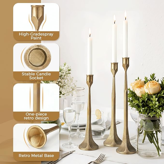 Gold Taper Candle Holder 3-Pack - Elegant Candlestick Holders for Wedding, Table, Party Decor - Holds 3/4 inch Taper Candles