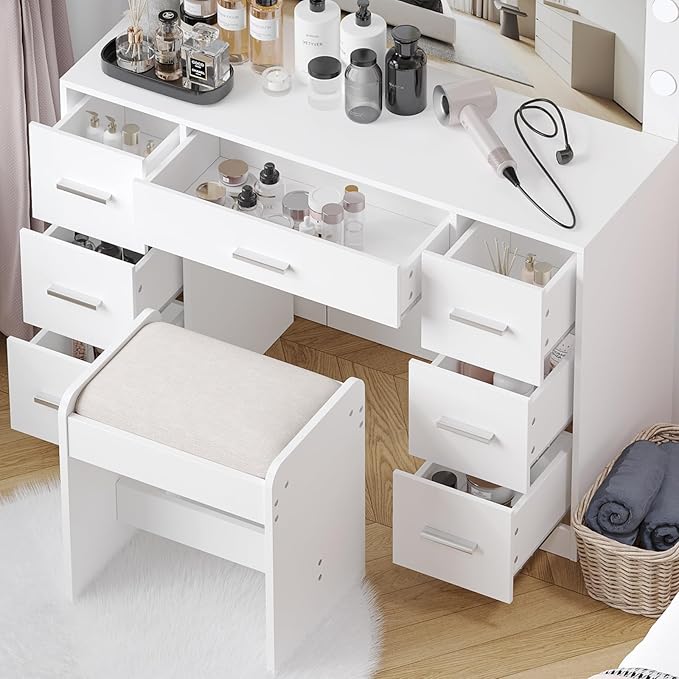 Irontar Vanity Desk with Stool, Makeup Table with Lighted Mirror, 3 Color Lighting Modes, Brightness Adjustable, Dressing Table with Drawers, Bedroom Vanity Table Set for Women, White