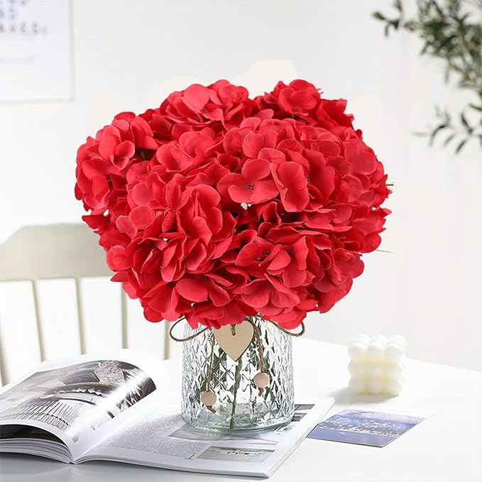 AVIVIHO 65pcs Fake Flowers Red Hydrangea Artificial Flowers Bulk (Not Squished, No Steaming Need) Fake Hydrangeas Silk Flowers with Stems for Party Home,Indoor or Outdoor, DIY Florals Decorations