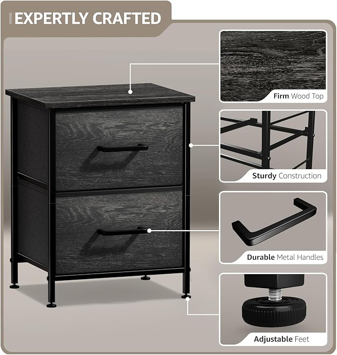 Sorbus Nightstand Dresser with 2 Faux Wood Drawers - Bedside Table Chest with Storage Bedroom, Living Room, Closet & Dorm Furniture Lamp Stand - Steel Frame, Wood Top, Easy Pull Fabric Bins