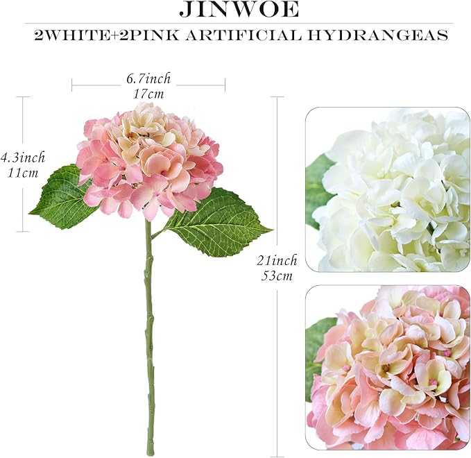 2 White +2 Pink Real Touch Hydrangea Artificial Flowers,21" Vintage Boho Silk Fake Flowers, Faux Hydrangea Flowers for Christmas Wedding Bouque Centerpieces Tables Party Home