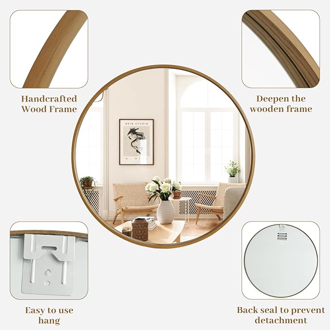 WallBeyond Round Wood Mirror, 32" Round Modern Decoration Large Circle Wall Mirror for Bathroom Living Room Bedroom Entryway, Natural