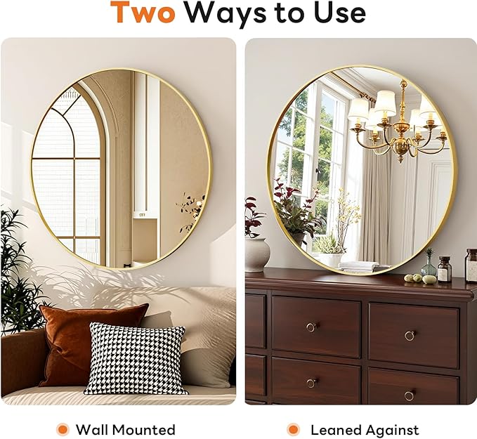 Sweetcrispy Round Bathroom Mirror 30 Inch Gold Metal Framed Wall Mounted Circle Vanity Mirror for Bathroom, Bedroom, Living Room, Entryway, Anti-Rust, Modern Decorative, Hanging or Leaning