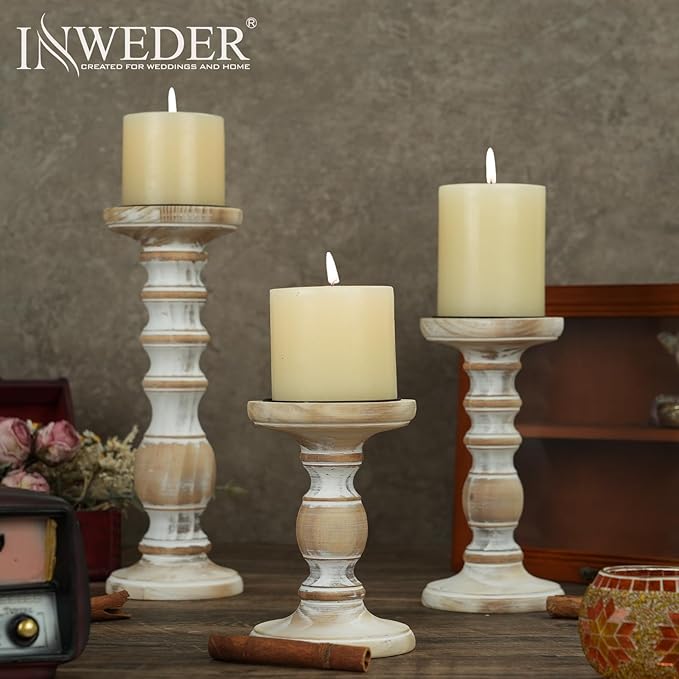 Wood Pillar Candle Holder: 3Pcs Rustic Candle Holders for Pillar Candles Wood Candle Holders Distressed Wooden Farmhouse Large Candle Holder Fireplace Table (Rustic White, 5.9", 7.87", 11")