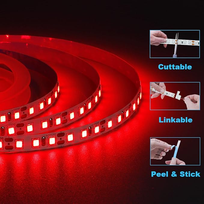 12V 5M/16.4ft LED Strip Light Red 600LEDs Flexible SMD2835 High Brightness No-Waterproof IP20 LED Tape Lights for Bedroom Christmas Party etc(No Power Supply)