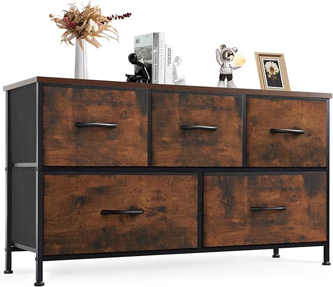 DUMOS Dresser for Bedroom, 5 Storage Drawers, Wide Fabric Closet Chests Organizer Tower Furniture with Wooden Top Metal Frame for Clothes, Guest Room, Living Room, Hallway, Entryway