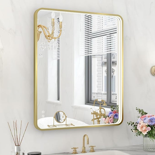 LED Bathroom Mirror with Lights, 30x36 Inch Gold Metal Framed LED Mirror for Bathroom, 3 Colors and Stepless Dimmable Wall Mounted Lighted Bathroom Vanity Mirror, Anti-Fog, Memory