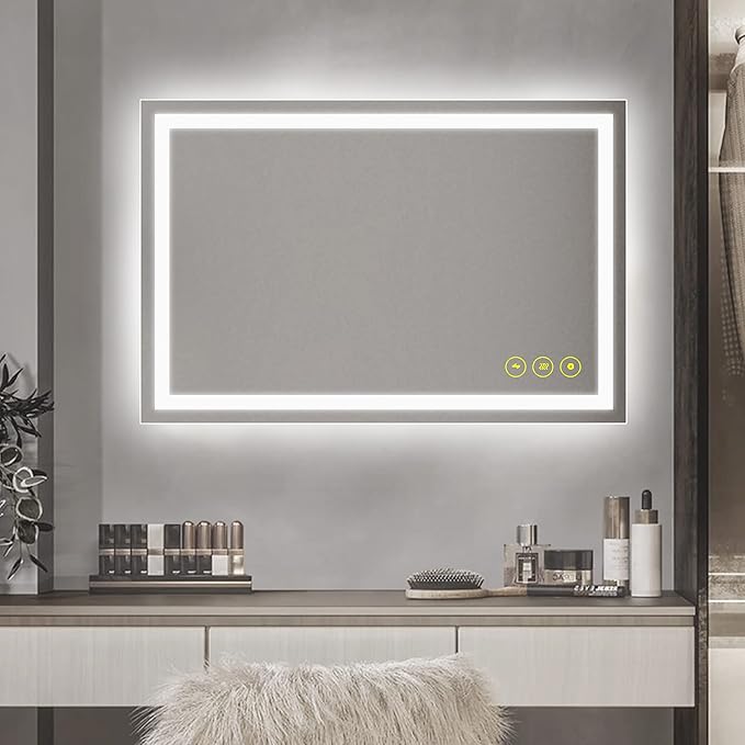 24x36Inch LED Mirror for Bathroom Anti-Fog 3 Colors Dimmable Lighted Mirror Wall Mounted Bathroom Mirror with Lights Horizontal/Vertical Smart Bathroom Mirror