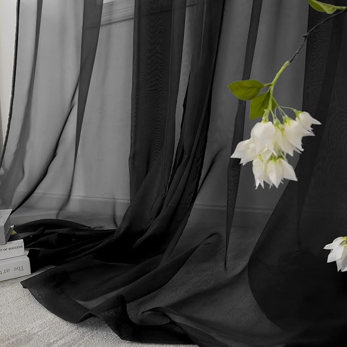 HUTO Black Sheer Curtains 54 inches Long for Bedroom Top Rod Pocket Sheer Window Panels Curtains for Nursery Living Room 52 by 54 Inch Length Set of 2