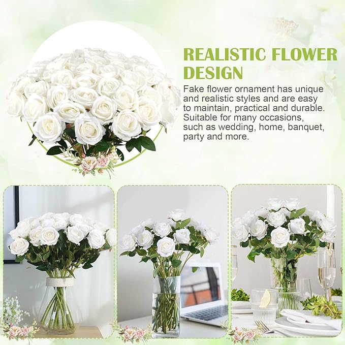 120 Pcs Artificial Roses Bulk Velvet Silk White Roses White Roses for Wedding Centerpieces Bridal Bouquet Mohter's Day Home Decor (120, White)