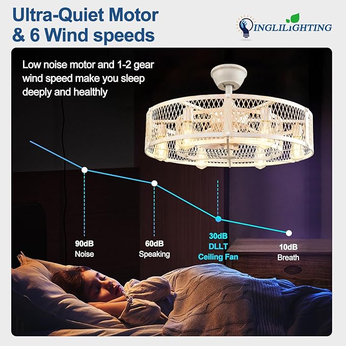 DLLT Caged Ceiling Fan with Lights: 26" Bladeless Fandelier with Light and Remote - Cement Industrial Chandelier Fan Light for Bedroom Living Dining Room Kitchen