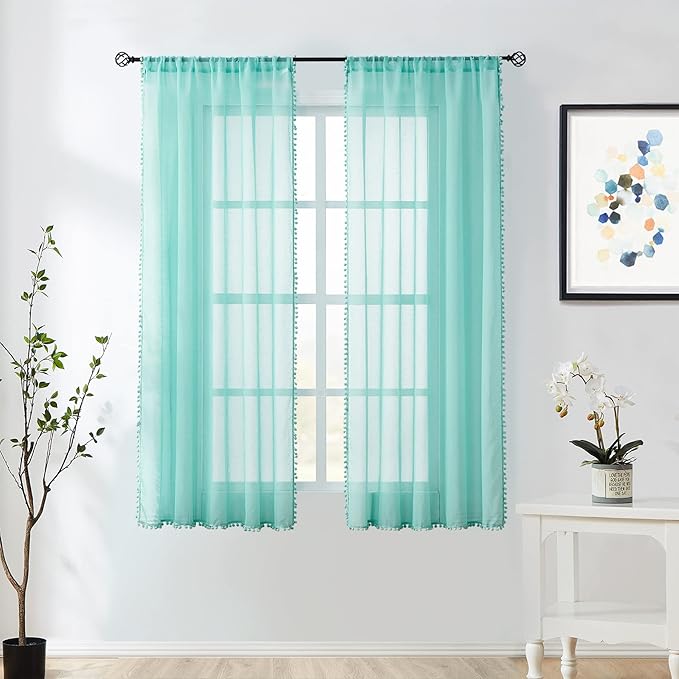 Treatmentex Aqua-Blue Pom-Pom Sheer Curtains for Bedroom Nursery Room 63inches Long Linen Textured Window Sheer Drapes 52" W, 1 Pair, Rod Pocket