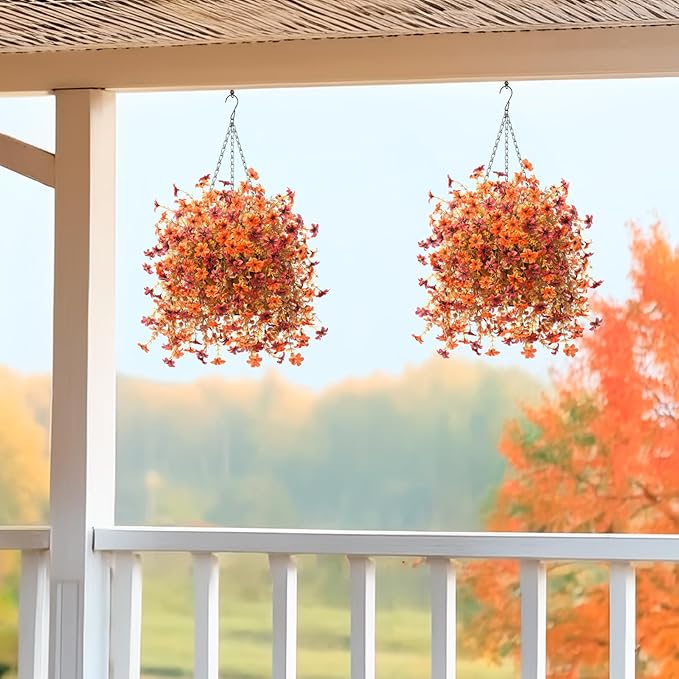 INQCMY Fall Artificial Faux Hanging Flowers Plants Basket for Outdoor Outside Decoration,Fake Silk Daisy in Planter Realistic UV Resistant for Home Porch Balcony Patio Yard Autumn Decor（Orange Brown）