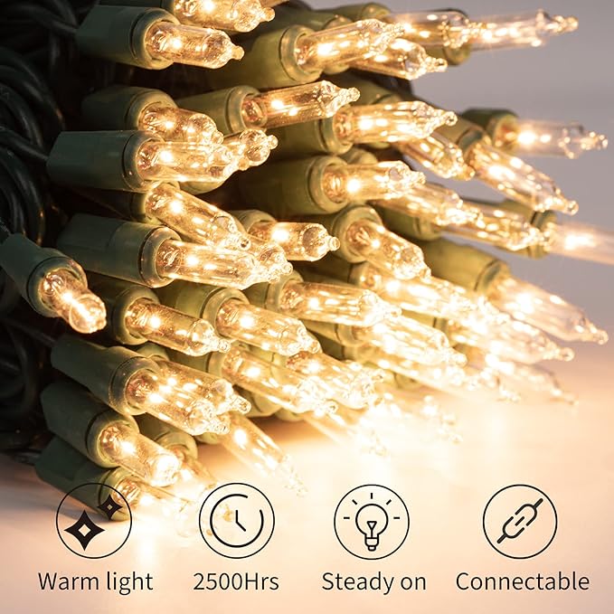 Clear Christmas Lights 200 Count 50 Feet Bulb Mini Lights, Waterproof String Light for Indoor Xmas Tree Garland Birthday Wedding Decoration, Green Wire