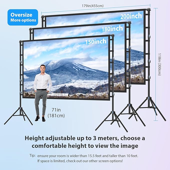 200 Inch Projector Screen with Stand: VOOPVOR 16ft Portable Large Projection Screen and Stand Outdoor - Front/Rear Movie Screen Indoor 16:9 4K HD - Wrinkle-Free & Carry Bag for Backyard Cinema