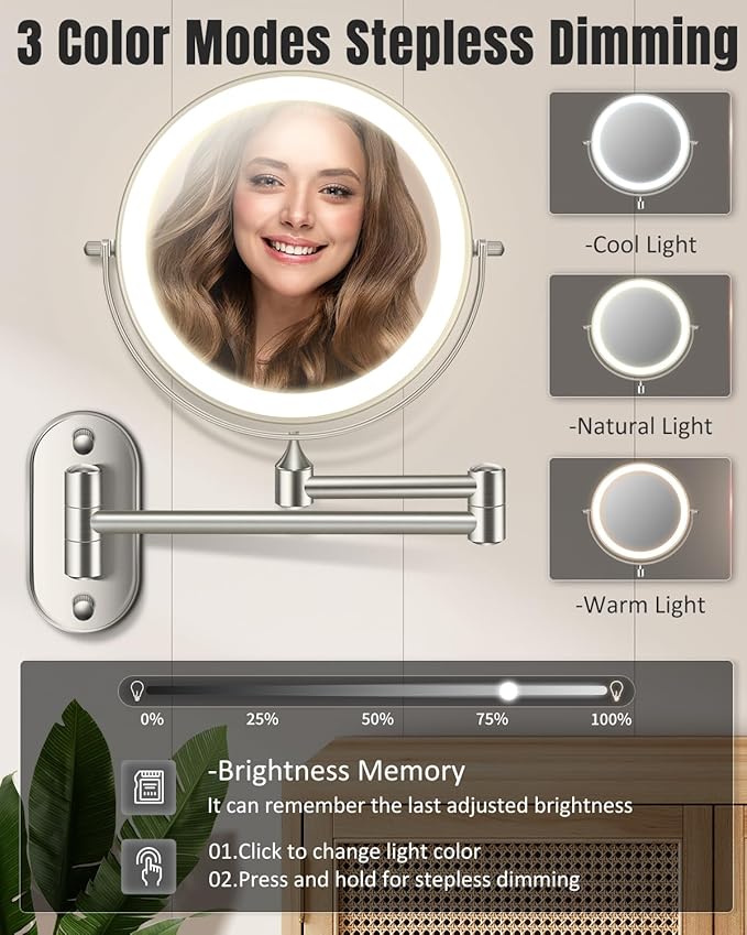 30X/1X Wall Mounted Lighted Makeup Mirror, 8'' Double Sided Rechargeable Magnifying Bathroom Mirror with Light, 3 Color Lights Touch Dimmable Extended Arm 360 Rotation Light up Mirrors