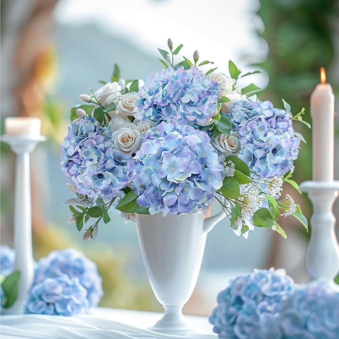 Auihiay 64 PCS Full Artificial Hydrangea Flowers, Blue Purple Silk Hydrangea Heads with Stems, Fake Flowers for Wedding Centerpieces, Baby Shower, Home, Garden, Party Decoration (Blue Purple)