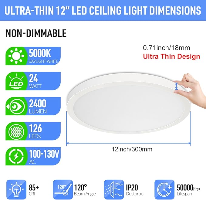 SunRider LED Flush Mount Ceiling Light Fixture, 5000K Daylight White, 2400LM, 12 Inch 24W White Round Flat Bedroom Lights, 240W Equiv. Non-Dimmable