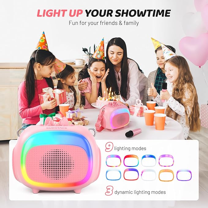 SUDOTACK Mini Karaoke Machine for Kids, Portable Bluetooth Karaoke Speaker with 2 Wilreless Microphones with LED Lights, Christmas Kids Toys Gifts for Girls 4, 5, 6, 7, 8, 9, 10 +Year Old-Pink(KM100)