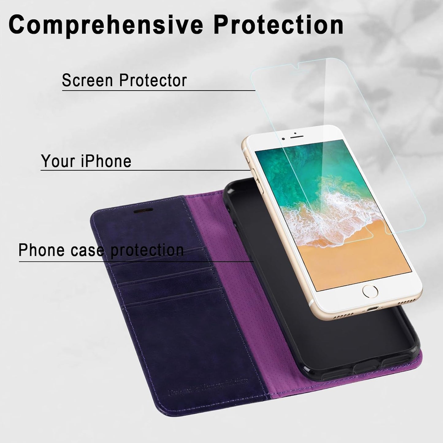 MONASAY Case for iPhone SE 2022/2020 5G, iPhone 7/8 Wallet Case, 4.7-inch, Purple with Glass Protector