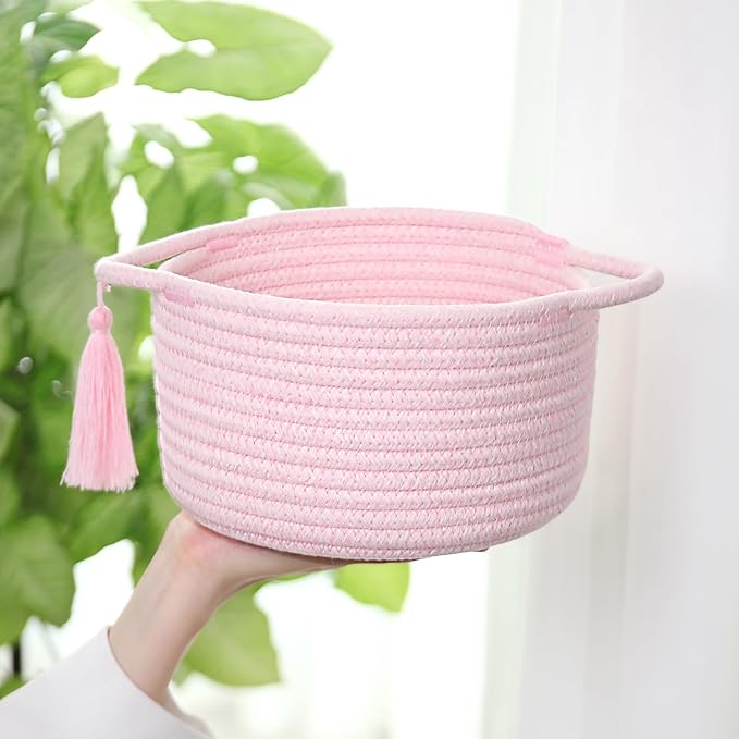 Empty Gift Basket – SweetMemo Mini Woven Rope Organizer Baskets for Gifting, Baby Shower, Desk, Makeup Brushes, Bathroom, Shelves – Small Decorative Storage Bin with Gift Bag & Ribbon – Blush Pink