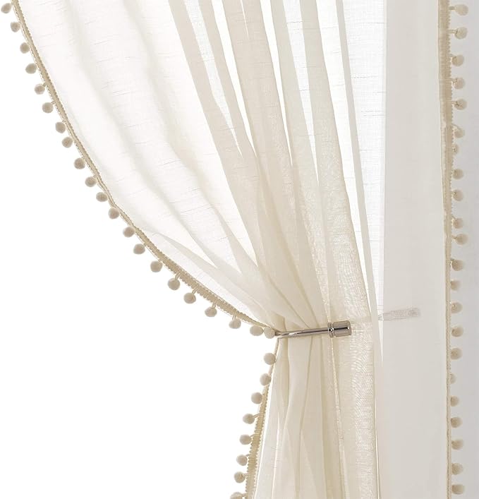 Treatmentex Pom Pom Linen Sheer Curtains for Living Room 63 inches Length Slub Textured Natural Farmhouse Window Sheers Drapes 52" w x 2 Pack, Rod Pocket, Beige