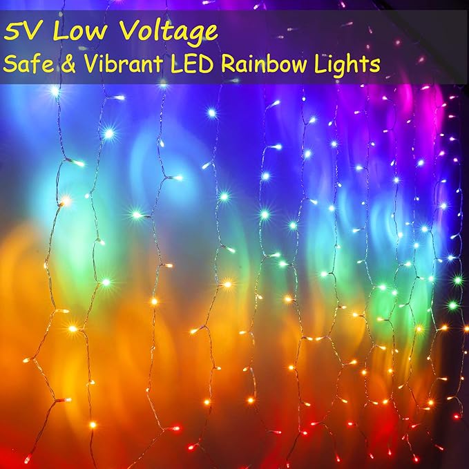 Rainbow Fairy String Curtain Lights with Touch Dimmer Switch, Hanging LED Icicle Rainbow Lights Curtain for Girls Bedroom, Kids Room, Unicorn Room, Birthday, Holiday Décor Christmas Gift