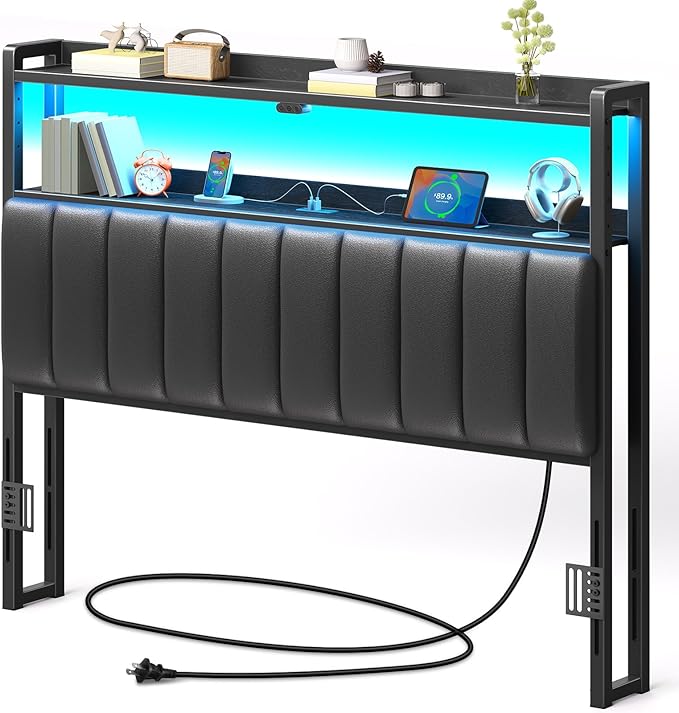 Rolanstar Headboard for Full Size Bed with Storage, 60,000 DIY Color of LED Light, Head Board with USB & Type C Port, Height Adjustable, Black Upholstered Cabeceras de Cama Comfortable Modern, Leather