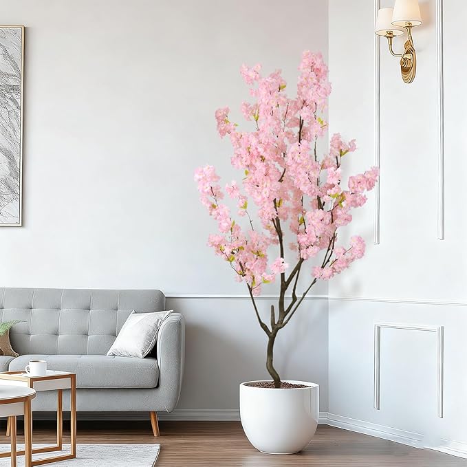 Faux Modern Pink Cherry Blossom Tree 7ft(84in)Tall Artificial Japanese Sakura Tree Decor Natural Fake Pink Floral Tree for Wedding Realistic Silk Plant in Pot for Home Living Room,Office,Outdoor Decor