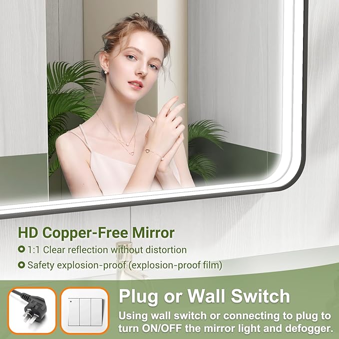 30x36 Inch LED Bathroom Mirror with Lights, Black Metal Framed LED Mirror for Bathroom, 3 Colors and Stepless Dimmable Wall Mounted Lighted Bathroom Vanity Mirror, Anti-Fog, Memory