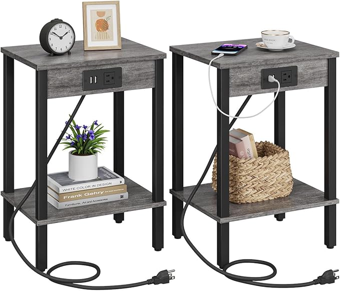 VIMBER Set of 2 End Table with Charging Station, Narrow Side Table with USB Ports and Outlets, Nightstands with 2-Tier Storage Shelves, Sofa Table for Small Space Living Room Bedroom, Grey