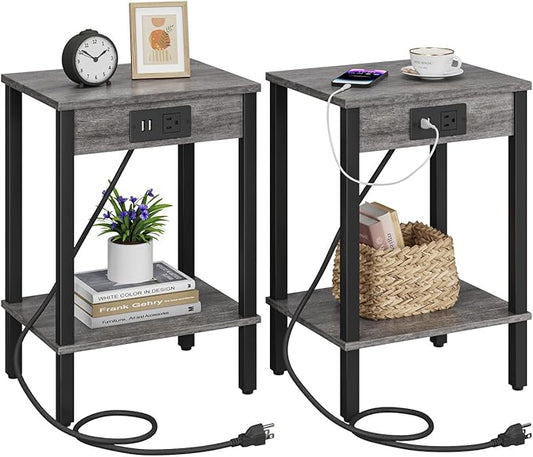 VIMBER Set of 2 End Table with Charging Station, Narrow Side Table with USB Ports and Outlets, Nightstands with 2-Tier Storage Shelves, Sofa Table for Small Space Living Room Bedroom, Grey
