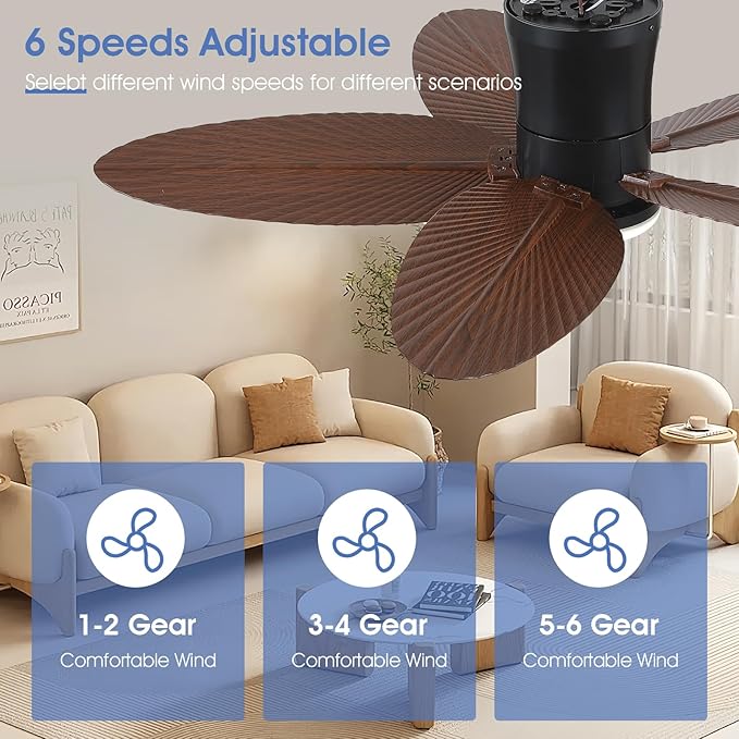 Palm Leaf Ceiling Fans with Lights-42 Tropical Ceiling Fan with Light and Remote/APP Control,Flush Mount Low Profile Ceiling Fans for Bedroom,Indoor/Outdoor Patio Use(Brown)
