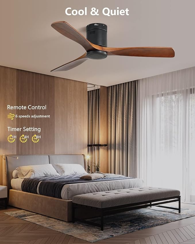 Sofucor Ceiling Fan No Light, 52 Inch Flush Mount Ceiling Fan With Remote Control, Indoor/Outdoor Ceiling Fans Without Lights, Reversible DC Motor, 3 Blade Solid Wood Ceiling Fans for Bedroom Patio