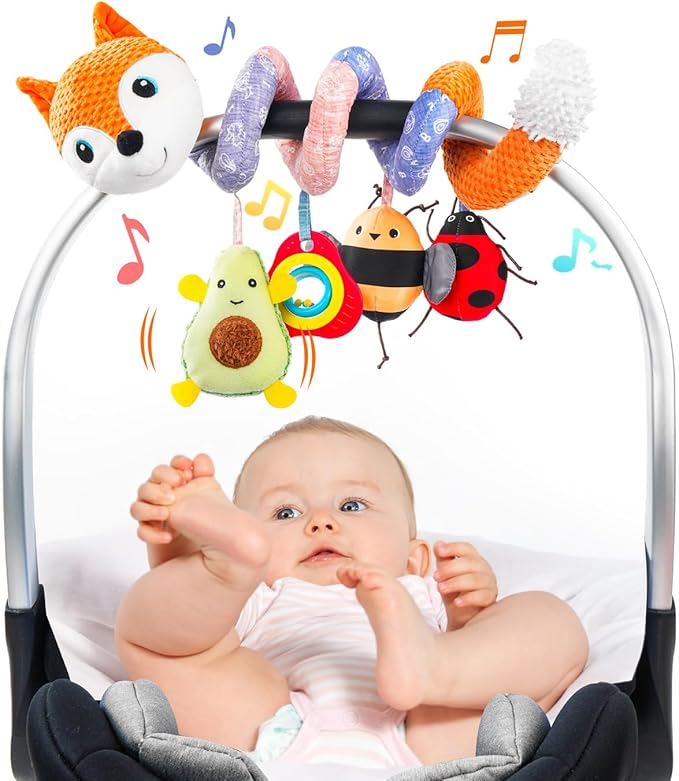 Jollybaby Baby Car Seat Stroller Toys, Plush Activity Hanging Spiral Activity Pram Crib with Music Box, Rattles, Squeaker for Babies Infant Boys Girls(Orange Fox)