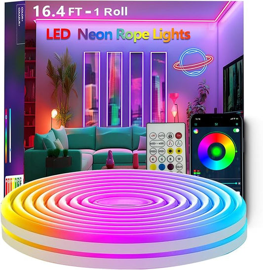 16.4FT Neon Rope Lights,Flexible Led Rope Light Control with App/Remote,Multiple Modes,Music Sync,IP65 Outdoor RGB Led Strip Lights Waterproof