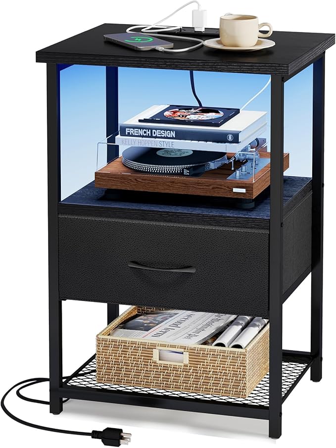 Fixwal Night Stand with Charging Station, LED Nightstand Side Table with Fabric Drawers PU Finish, End Tables Bedroom, Bedside Table, Black