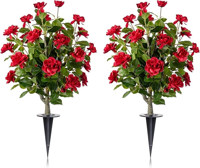 Artificial Camellia Tree 2 Pack with Spike, Artificial Plants Outdoor Faux Floral Plant in Cement Pot Fake Silk Camellia Tree Plants for Home House Living Room Office Decor