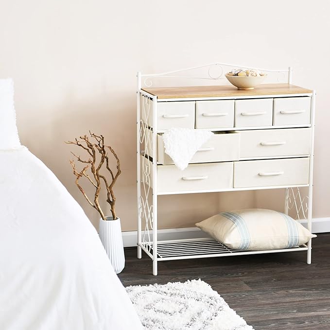 Household Essentials Victorian Style 8-Drawer and Bottom Shoe Shelf Storage Organizer Unit, White and Coastal Oak Color