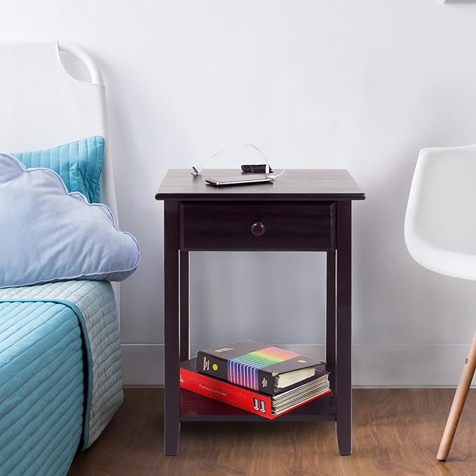 Casual Home Owl Night Stand with USB Port Charging Station and Drawer, 17.5"W x 14.25"D x 24.5"H, Espresso