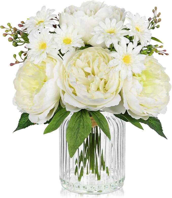 DILATATA Artificial Flowers in Vase White Silk Peony & Daisy Faux Floral Arrangements for Table Centerpieces, Home Office Kitchen Bathroom Decor, Spring Fake Flower Arrangement