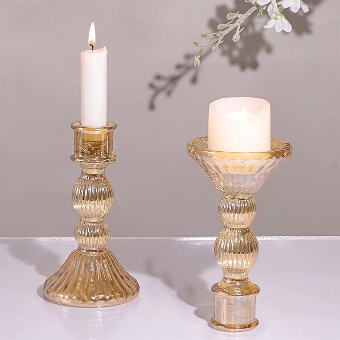DARJEN 2 Pcs Gold Candlestick Holders - Vertical Stripe Glass Candle Holders for Taper and Votive Candles, Taper Candle Holder for Party, Wedding, Home Table Centerpieces & Gifts