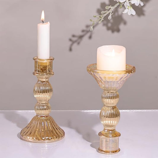 DARJEN 2 Pcs Gold Candlestick Holders - Vertical Stripe Glass Candle Holders for Taper and Votive Candles, Taper Candle Holder for Party, Wedding, Home Table Centerpieces & Gifts