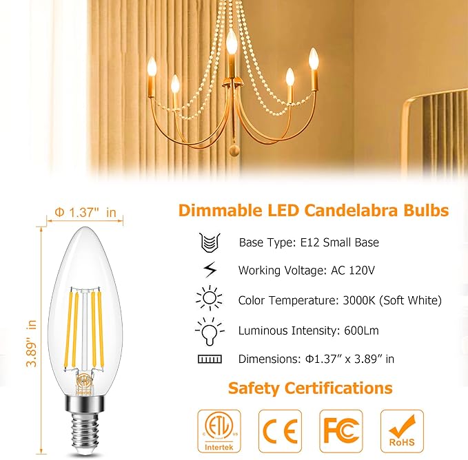 Cotanic E12 LED Bulb Dimmable 3000K Soft White, LED Candelabra Bulbs 60Watt Equivalent, Small Base Type B Light Bulbs, Candle Shape Chandelier Light Bulbs Clear Glass, 600LM, 10 Pack