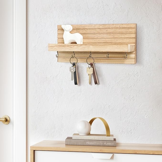 Decorative Key Holder for Wall with Shelf, Entryway Shelf with Hooks Holds Leashes, Jackets and Glasses – Sturdy Wood Keyholder Entrance Hanger with Mounting Hardware (Wood, Medium)