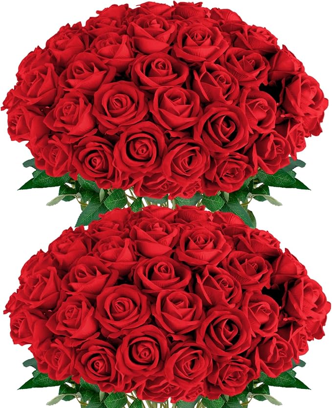 Red Roses Artificial Flowers 50 Pack in Bulk, Fake Roses Flowers Realistic Roses for Wedding Home Party Decoration Event Gift (Red)