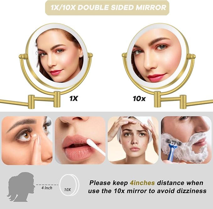 Gold Wall Mounted Makeup Mirror with Light and Magnification 10X, 2 Sided with 3 Color Led Dimmable, 360 Swivel Extension Shaving for Bathroom Hard Wired