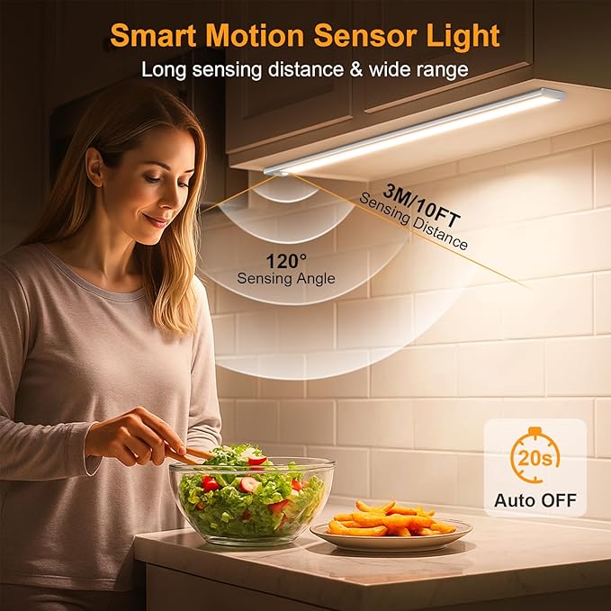 Gritin 14.7inch Under Cabinet Lighting Rechargeable - 128 LED Super Bright, 3-Color&5 Level Brightness, 4 Modes, Motion Sensor, Long Lasting-Easy Installation Magnetic Closet Lights - 2 Pack-Silver