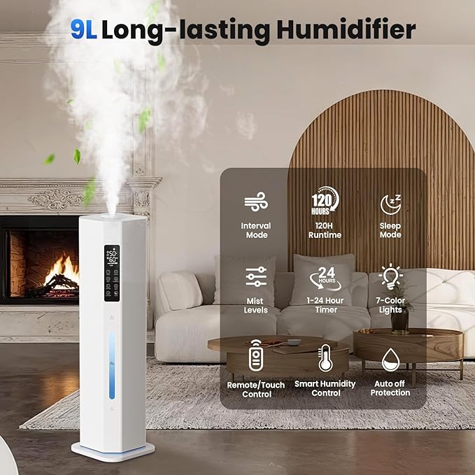 Humidifiers for Bedroom - GloryAir 2.38Gal/9L Top Fill Cool Mist Humidifier for Large Room 500ft² 120H Last with Auto Mode 7-Color Light Humidistat Aroma Box Quiet Humidifiers for Plants Baby & Adults