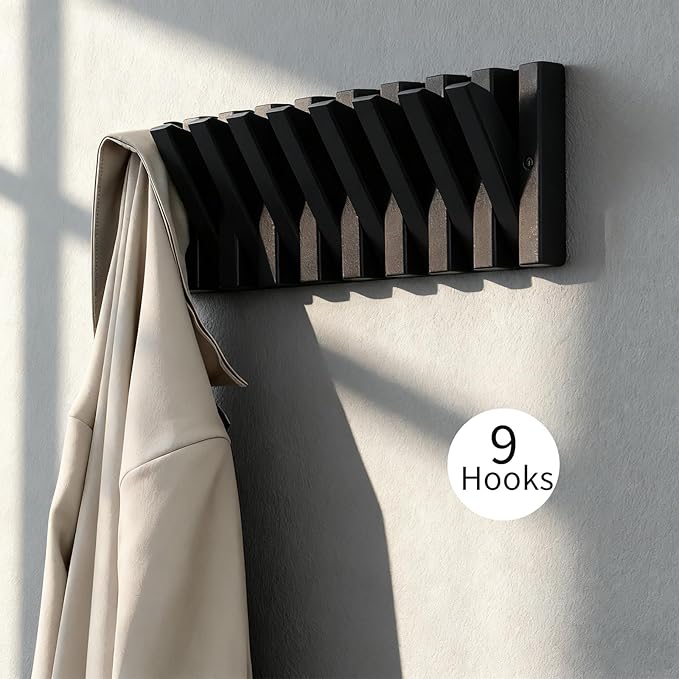 Coat & Hat Hooks Wall Mount with Key Holder, Wall Mounted Coat Rack with 9 Retractable Hangers, Solid Wood Slim Key Holder for Entryway Decor, 17in Natural Finish